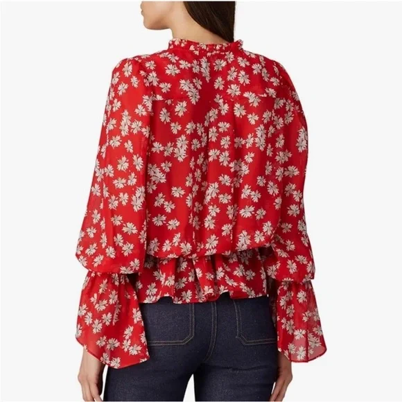 Derek Lam Flutter Cuff Tie Waist Red Floral Blouse size 6 - Picture 2 of 7
